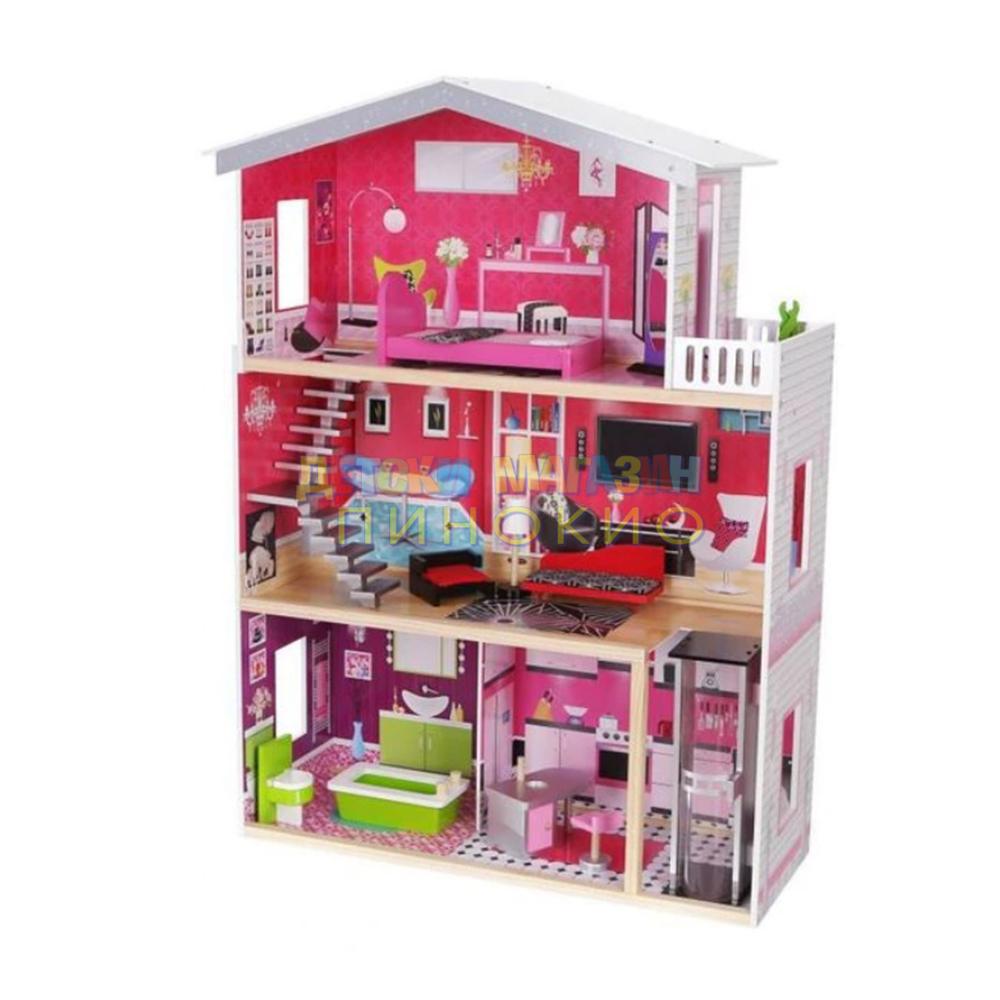 Дървена къща за кукли с обзавеждане и асансьор Isabella Moni Toys